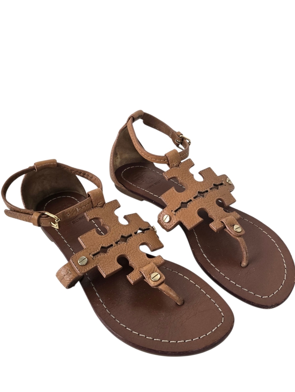 Tory Burch Phoebe Flat Thong Leather Sandals 6M Royal Tan Brown Neutral Summer